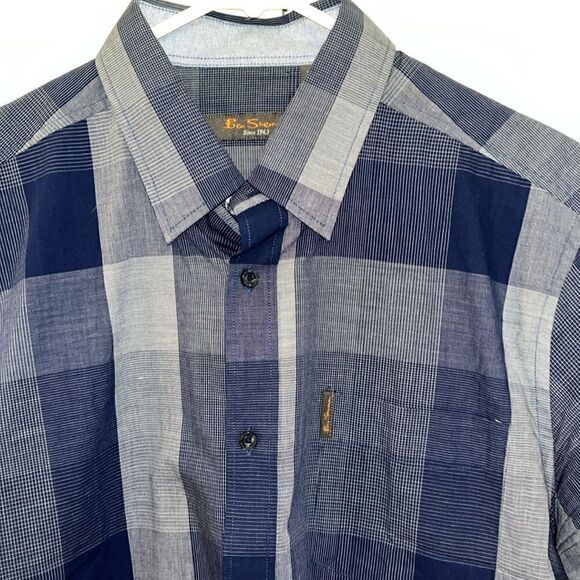 Nice Ben Sherman Blue Patchwork print check plaid SS summer Party Shirt L men’s - Picture 2 of 7